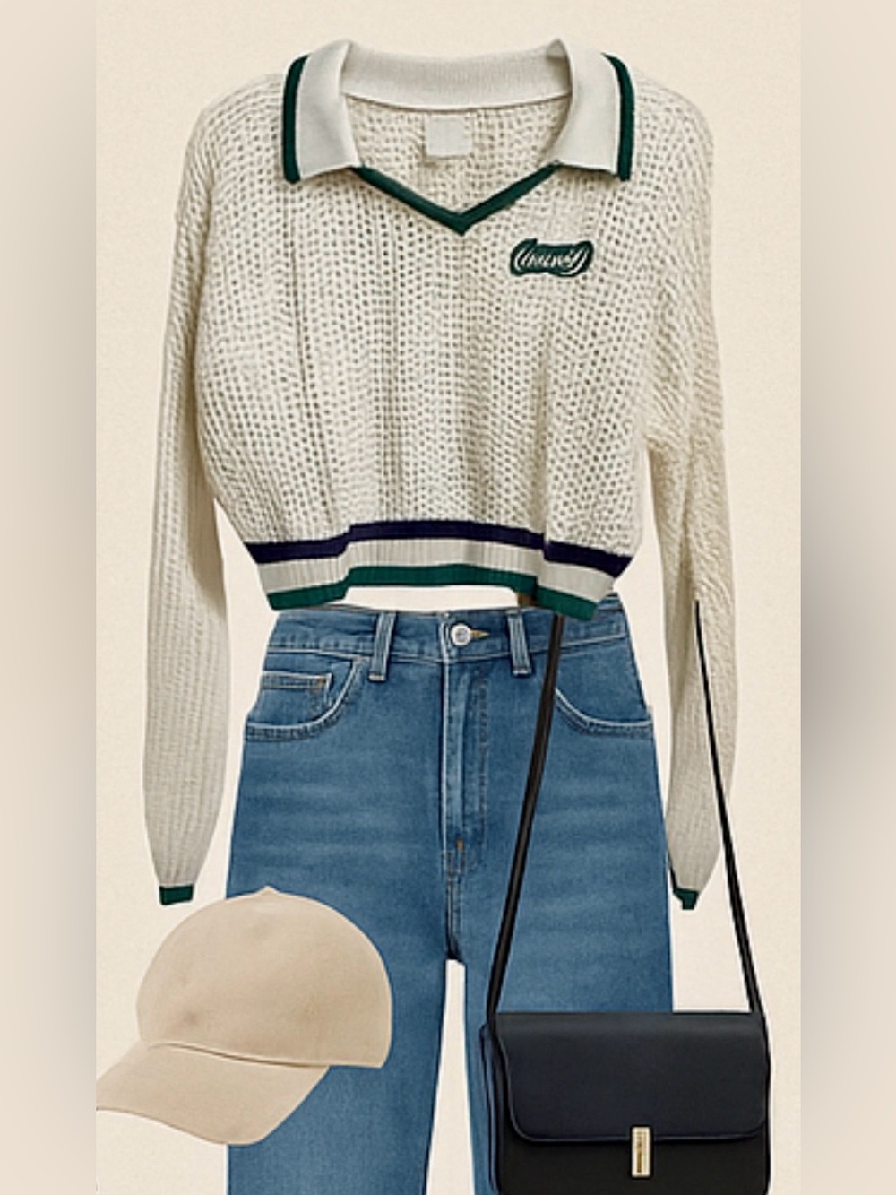 NWT Savage X Fenty 2X Open Knit Polo Sweater Y2K Preppy Cropped White Green - Picture 9 of 10